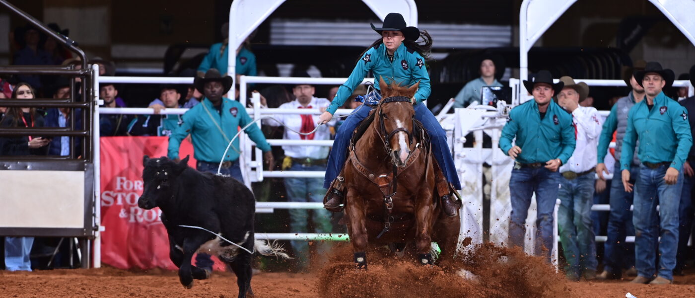 Madison Othier and No. 1 gelding "Rooster" hit the brakes at Kid Rock's Rock N Rodeo preview at the Fort Worth Stock Show and Rodeo.