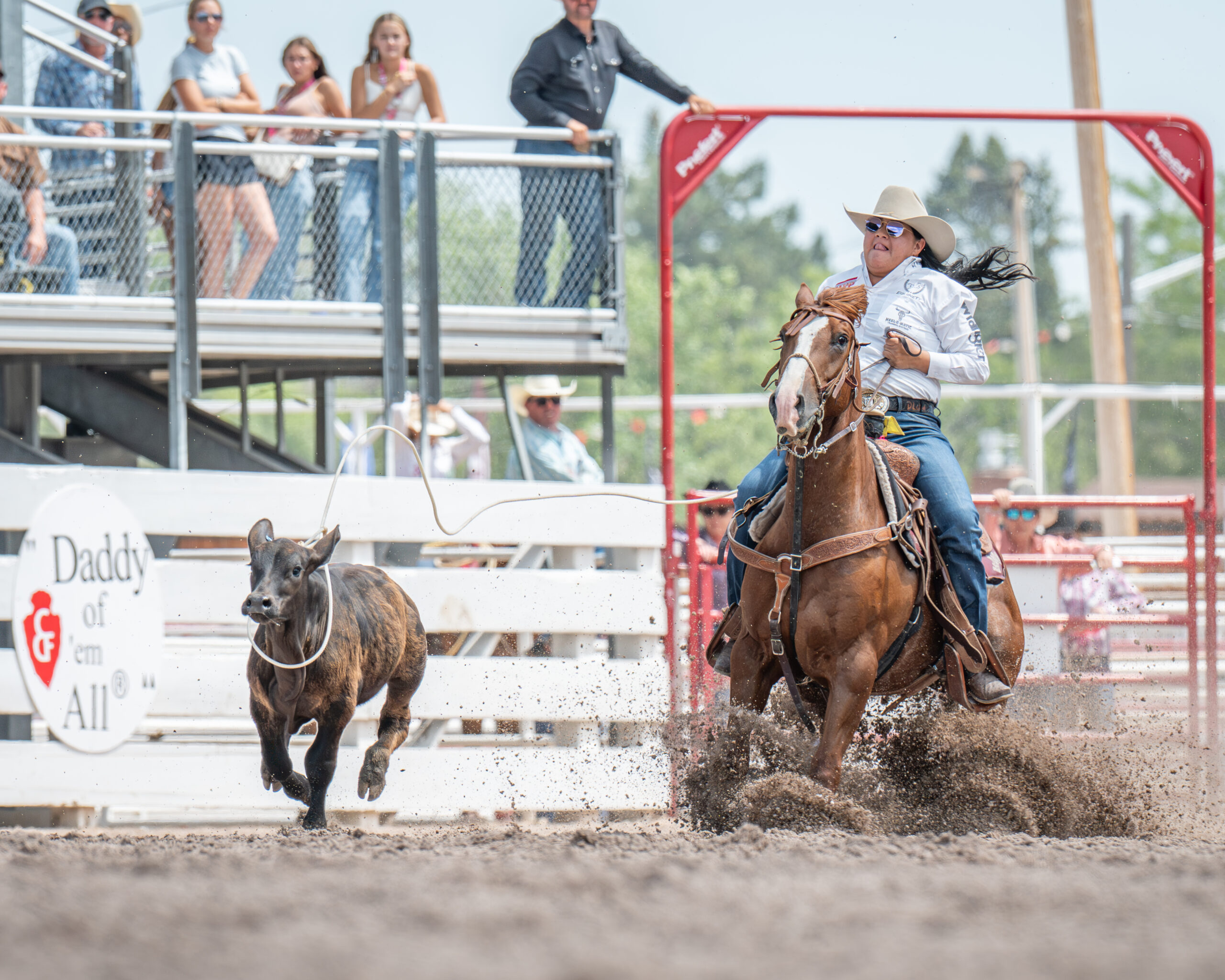 Danielle Lowman from Gilbert, Arizona competes in the Breakaway Roping finals at Cheyenne Frontier Days in Cheyenne on Sunday, July 27, 2025. Lowman won the event, roping her calf in 4.3 seconds.