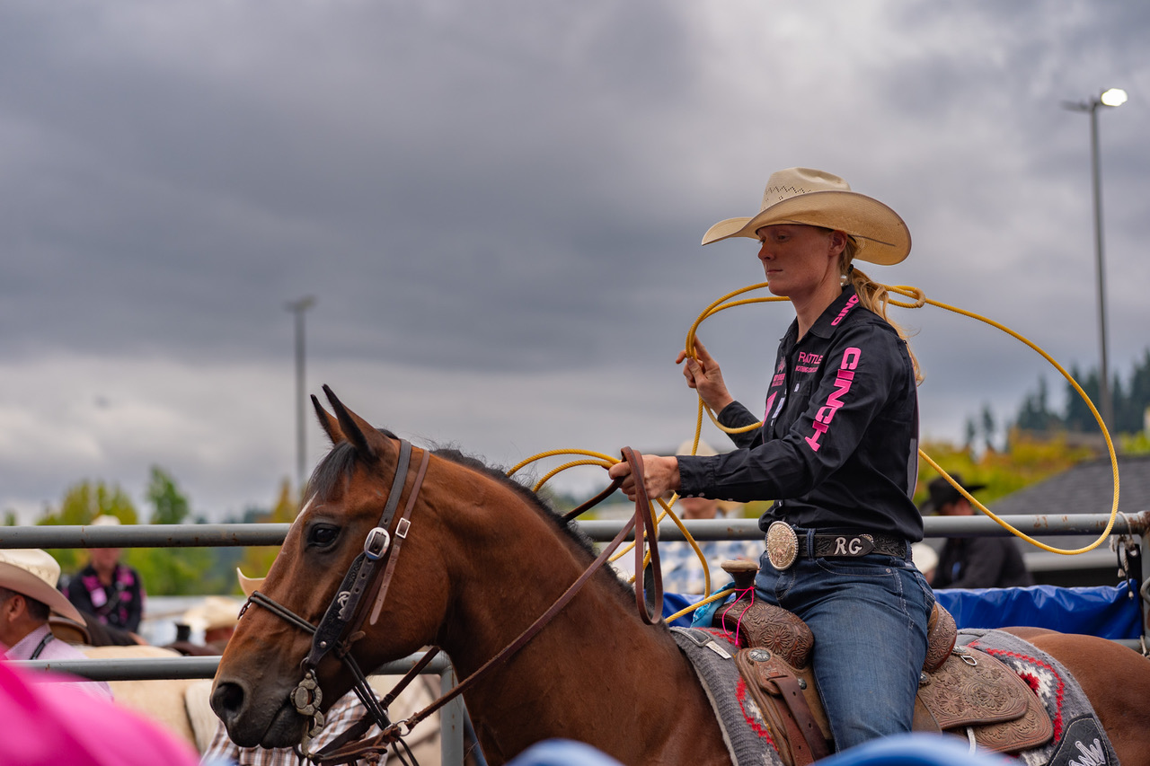 Rylee George stares down her calf in the four-man round at the Puyallup Rodeo in Washington.