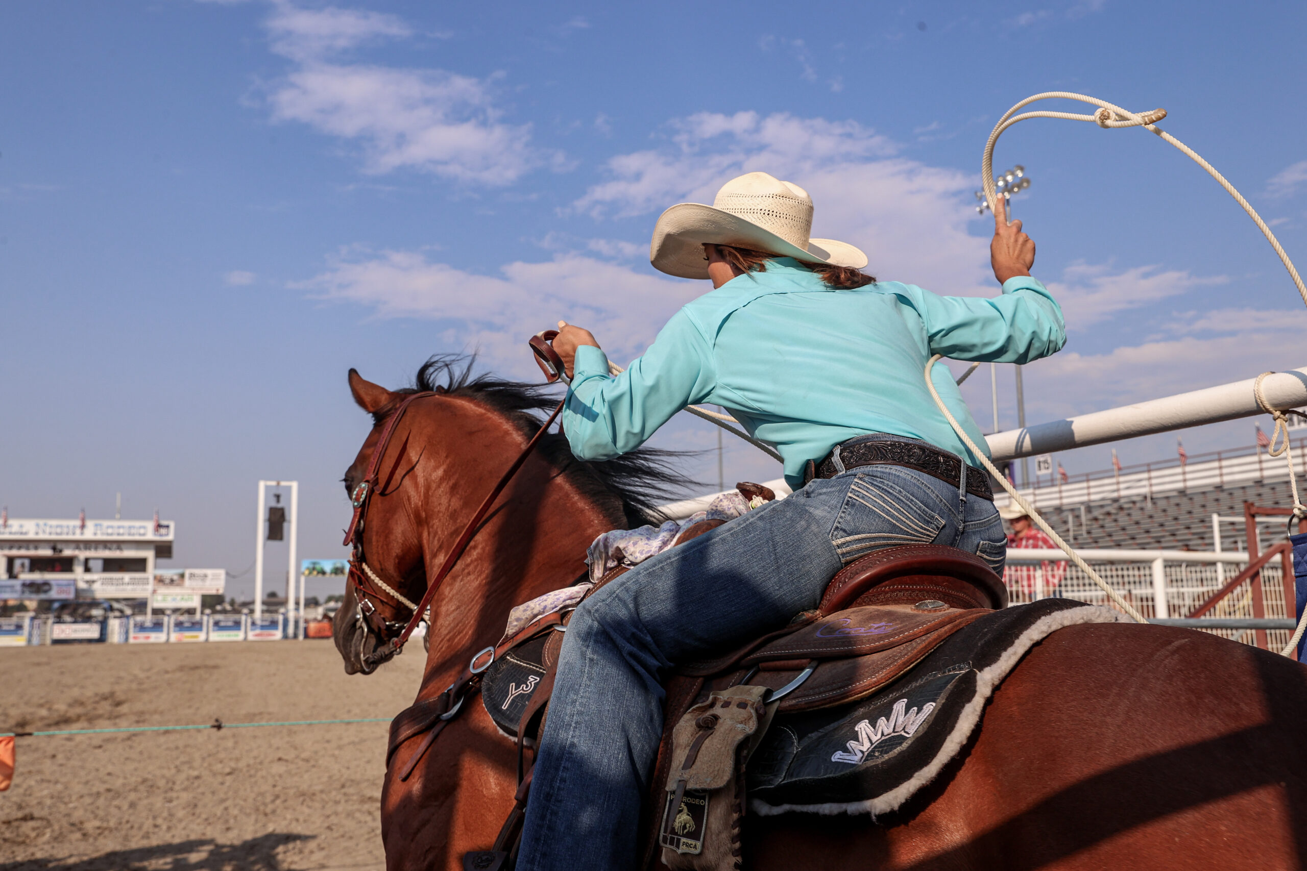Macy Young blasts out of the box during slack at the Caldwell Night Rodeo.