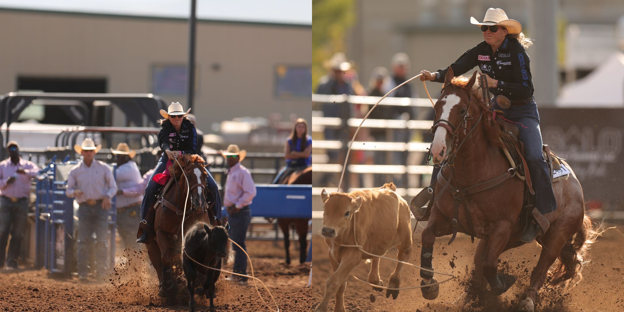 Split screen photo of Cheyanne McCartney riding Hez Talkin Smack and Thiccthirty to win both the 4-&-under and 6-&-under breakaway futurity in Heber City Utah