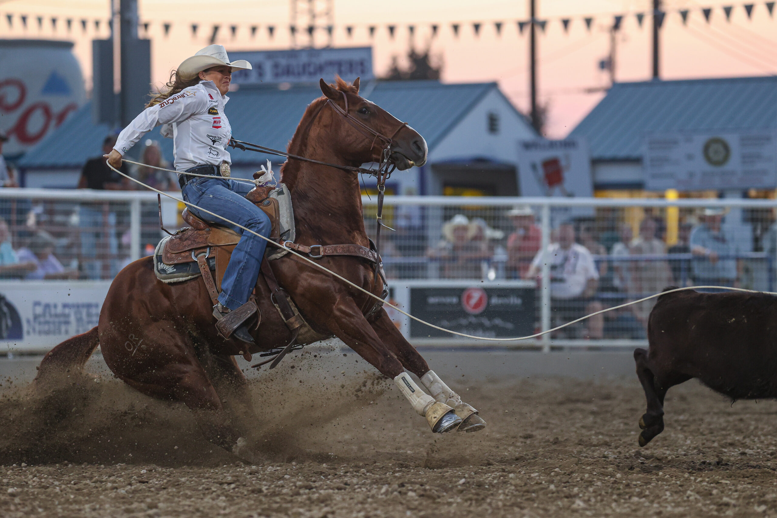 Shelby meged roping her calf to be in the lead at the 2026 caldwell idaho rodeo
