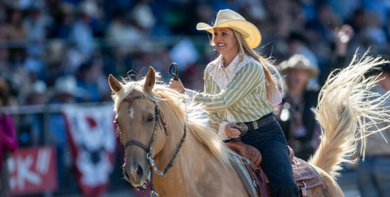 Jordan Minor takes her victory lap after winning the 2026 Pendleton Round-Up breakaway roping average.