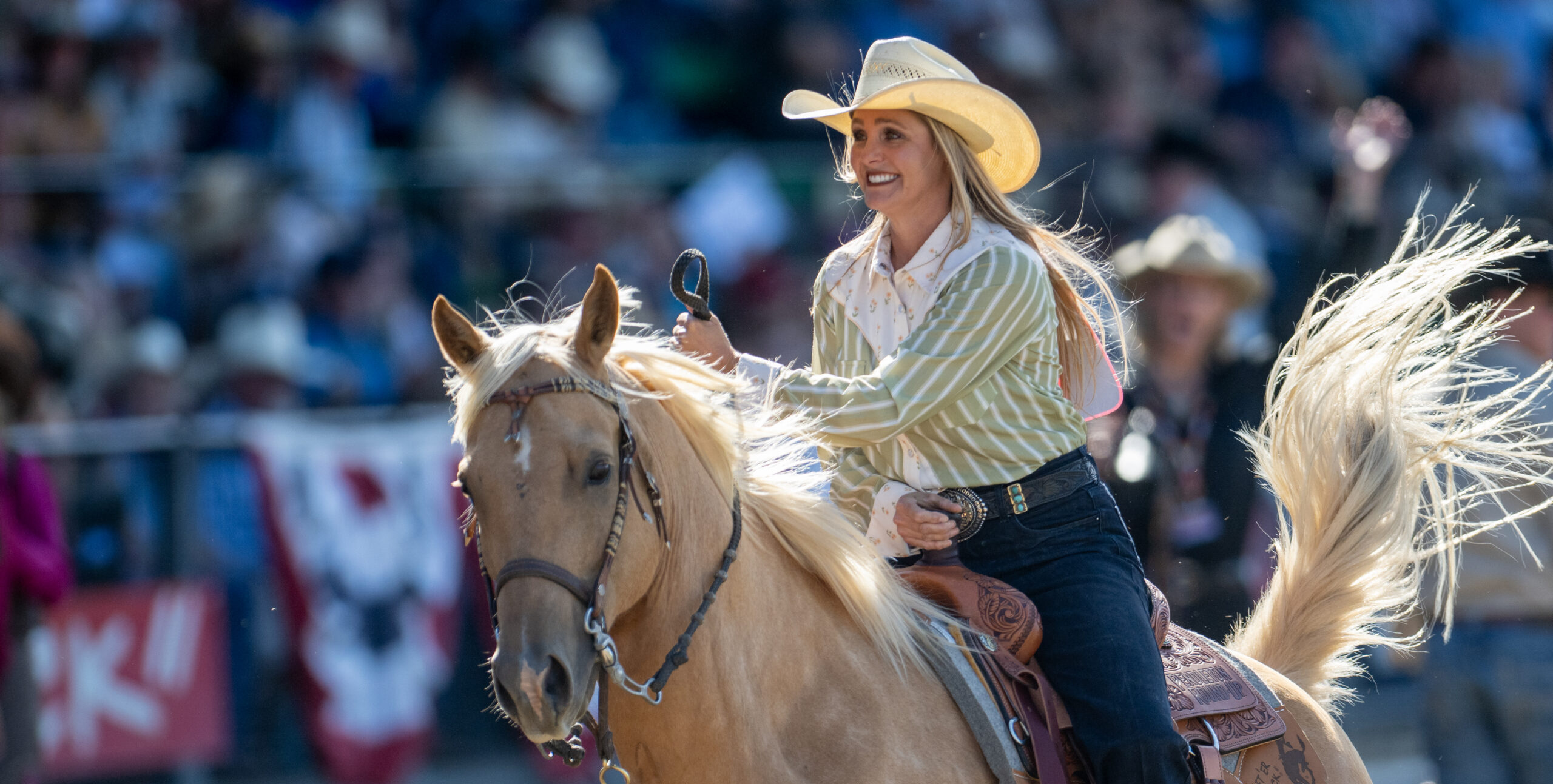 Jordan Minor takes her victory lap after winning the 2026 Pendleton Round-Up breakaway roping average.