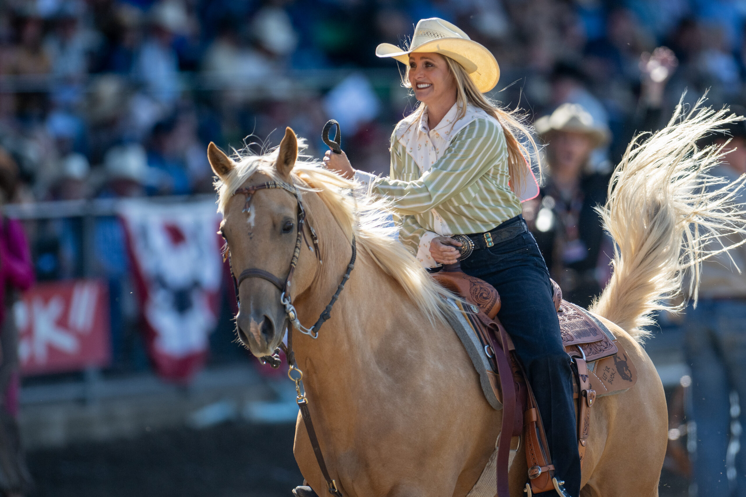 Jordan Minor takes her victory lap after winning the 2026 Pendleton Round-Up breakaway roping average.