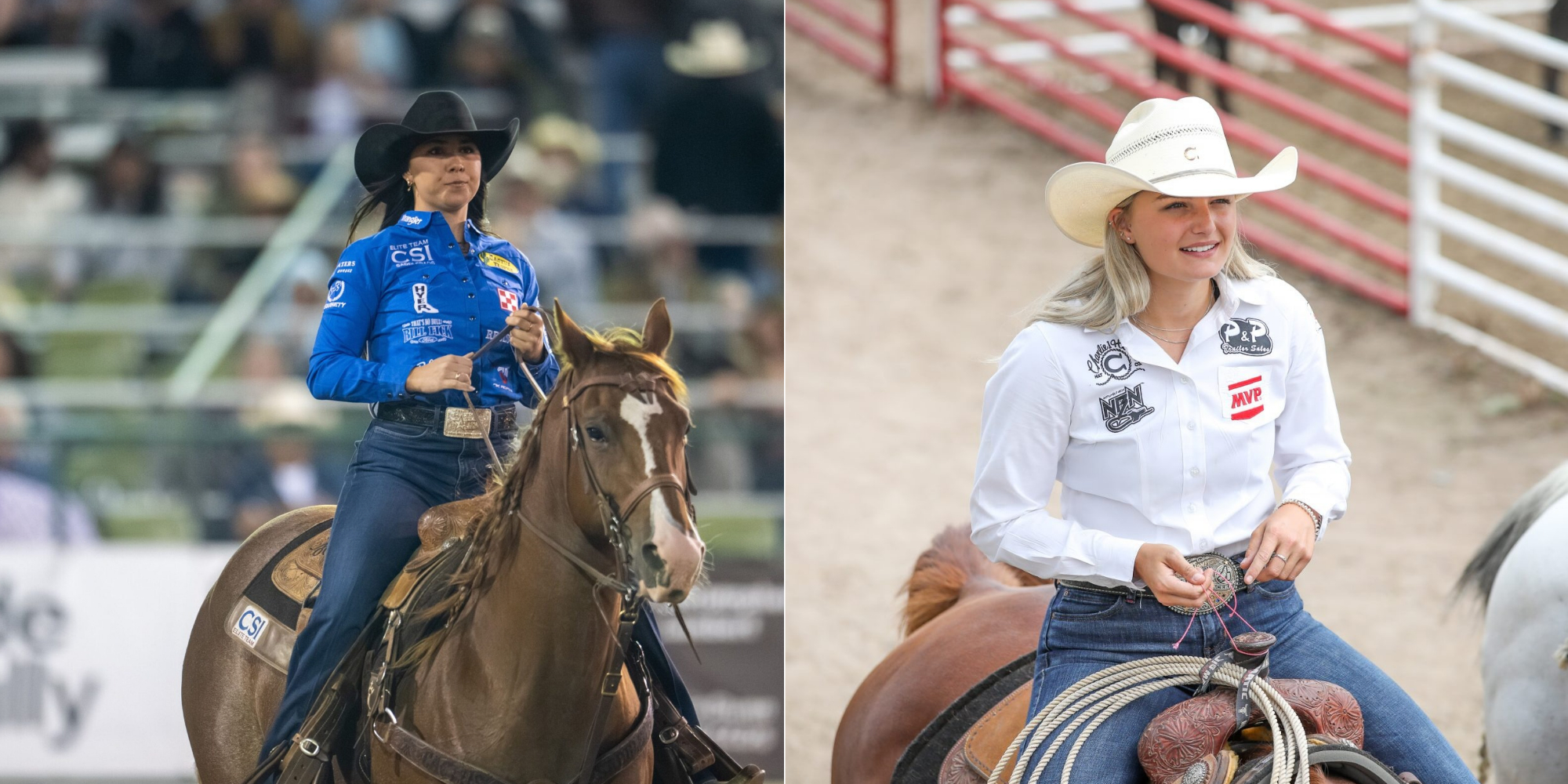 side by side photos of madison outhier and bradi good riding their horses smiling.
