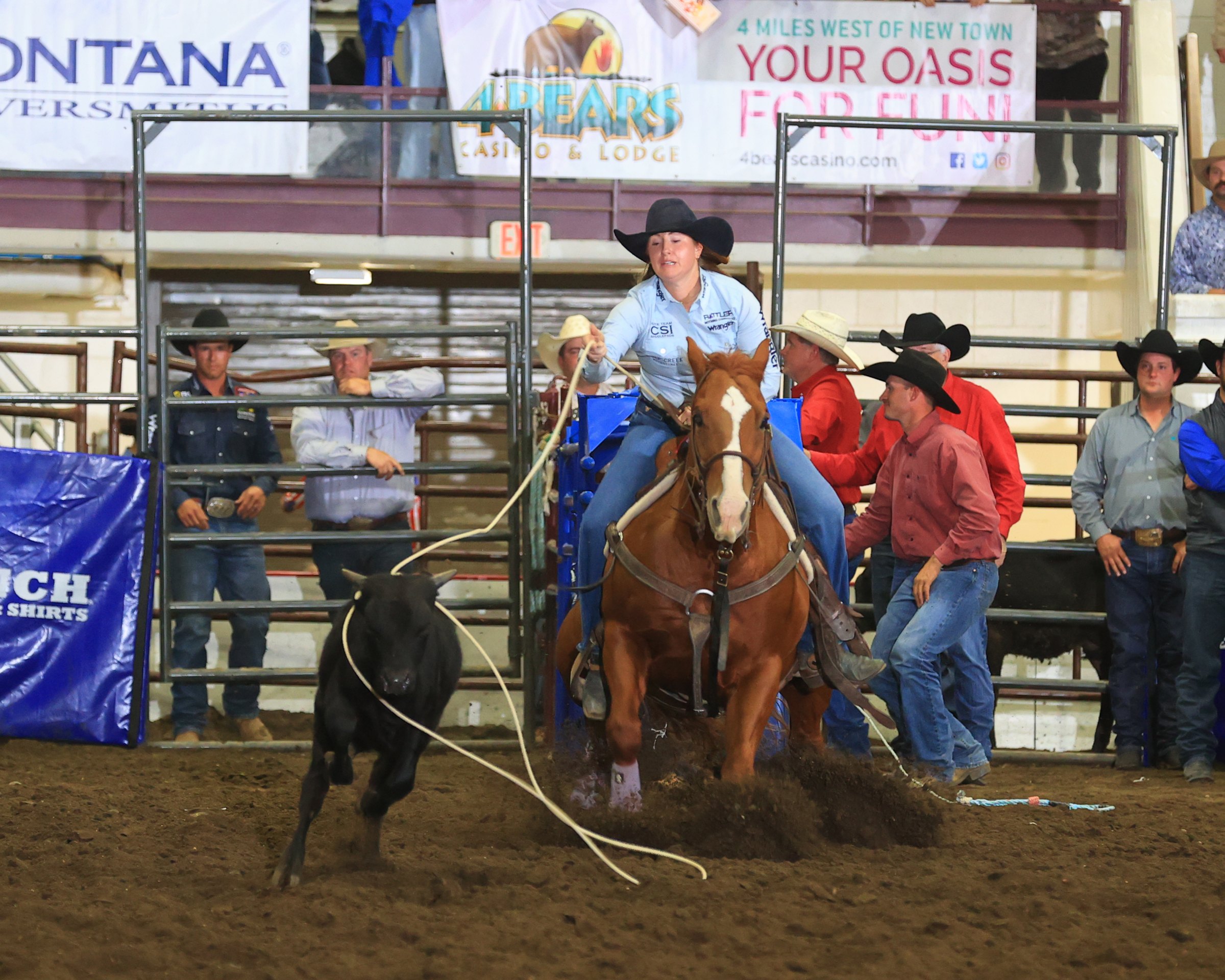 Samantha Fulton ropes a calf on her sorrel gelding Hank at the 2026 Badlands Circuit Finals breakaway in Minot, North Dakota