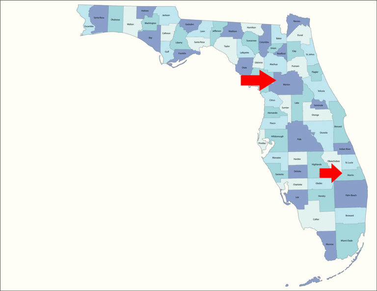 Florida map Marion and Martin Counties