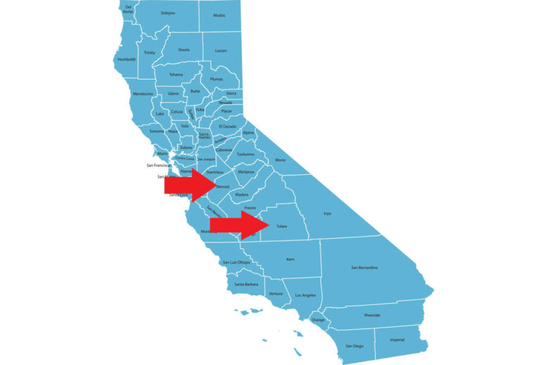 Tulare and Merced Counties California map