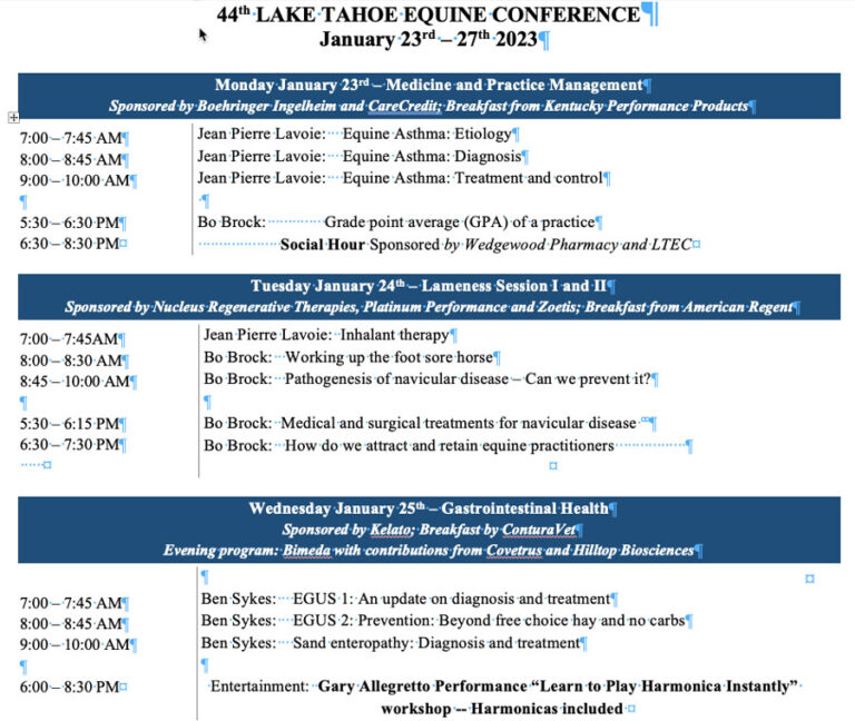 2023 Lake Tahoe Equine Conference schedule p 1