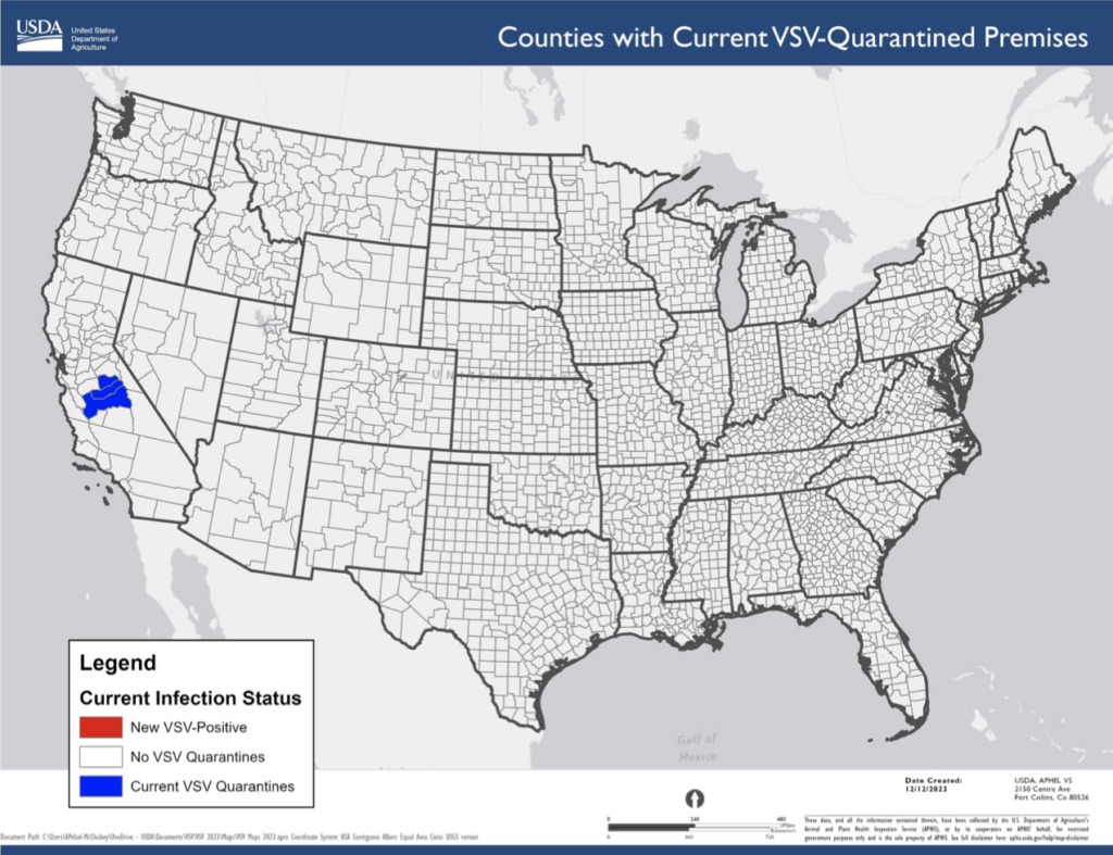 One new equine premises in Mariposa County, California, has a confirmed case of vesicular stomatitis virus (VSV).