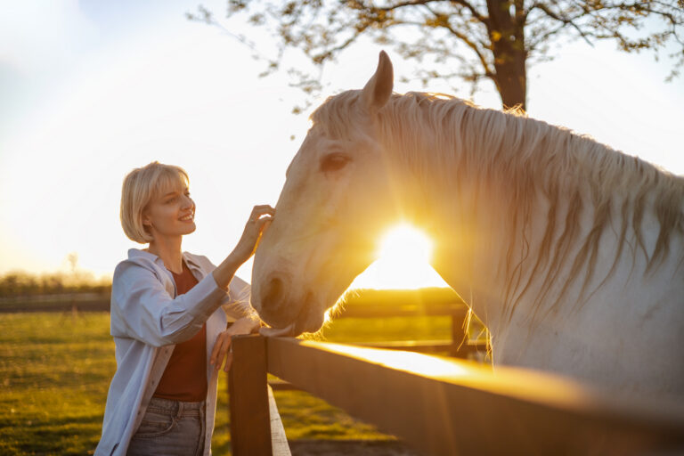 Woman Connecting with Horse in Golden Hour Light in Tranquil Agricultural Setting