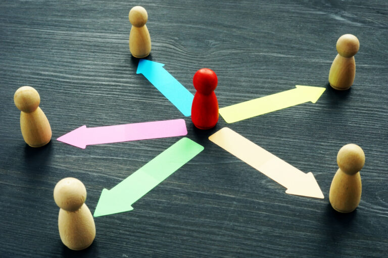 Delegating concept. Wooden figures and arrows