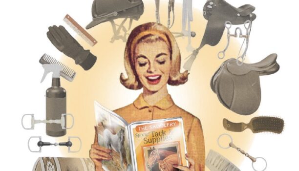 Vintage-style illustration of woman browsing through tack catalog