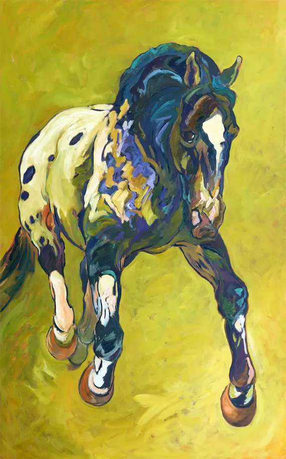 Painting of Appaloosa horse cantering towards viewer