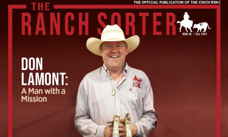 Cropped cover of the online publication The Ranch Sorting showing a cowboy in his 60s standing in front of a red background and holding a set of western stirrups