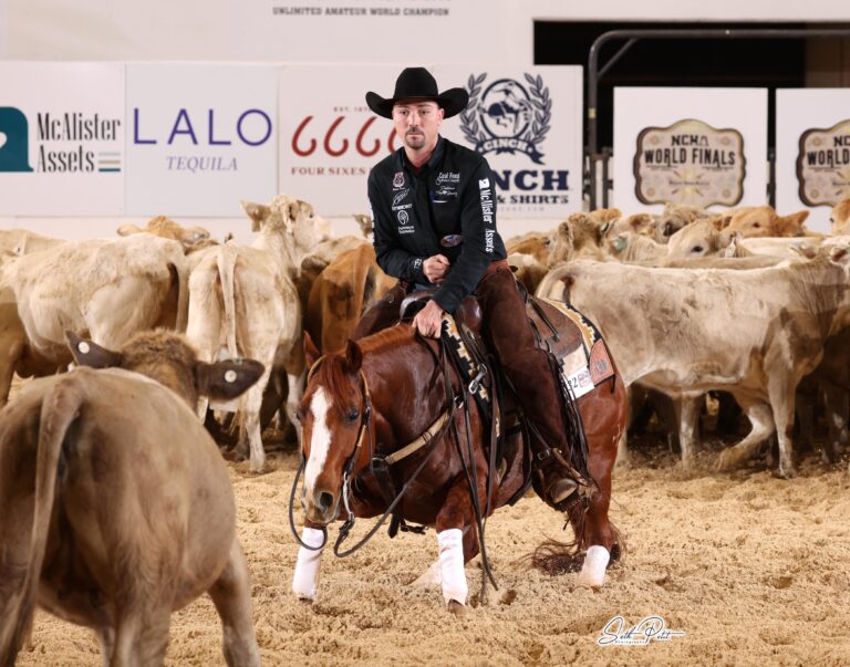 A cowboy in a black hat and competition attire rides a sorrel cutting horse with a white blaze as they work a single cow in a sandy arena. A herd of light-colored cattle stands behind them, and event sponsor signage for the NCHA World Finals is visible on the arena wall.