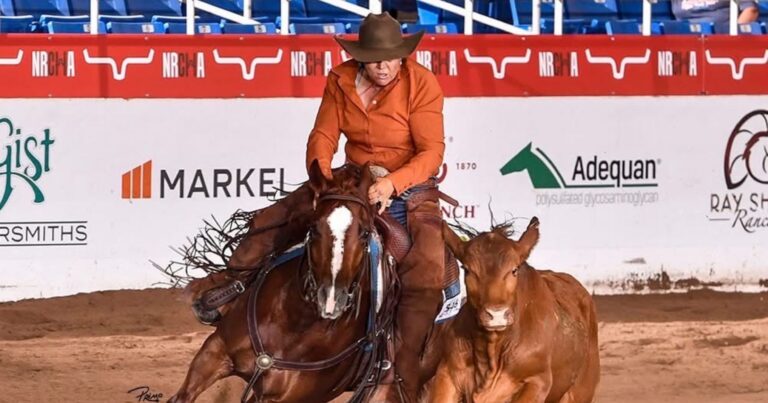 Debbie Crafton leads the NRCHA Celebration of Champions Non-Pro Derby with a 219.5 on SJR Sumkindamist (pictured here in Scottsdale). Photo by Primo Morales