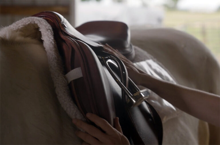 Close up image of an english saddle on a paint horse's back
