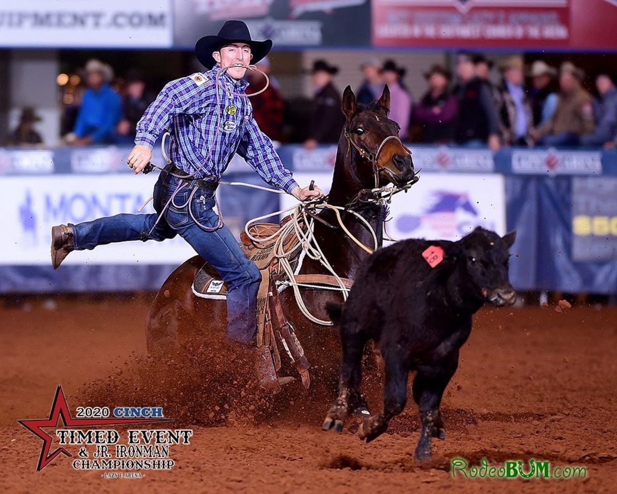 Taylor Santos calf roping at the 2020 Cinch Timed Event Championship.