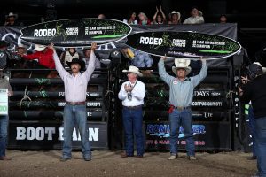 Quisto Lopez and Daniel Braman with their surfboards after winning the 2022 WCRA Rodeo Corpus Christi.