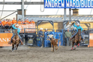 Andrew Ward and Buddy Hawkins roping a steer at the 2022 WCRA Days of ’47 rodeo.