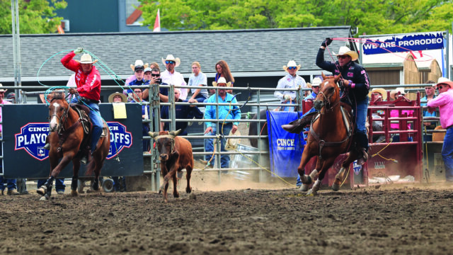 Coleman Proctor and Logan Medlin roping their steer at the 2022 NFR Playoff Series Finale in Puyallup, Washington.