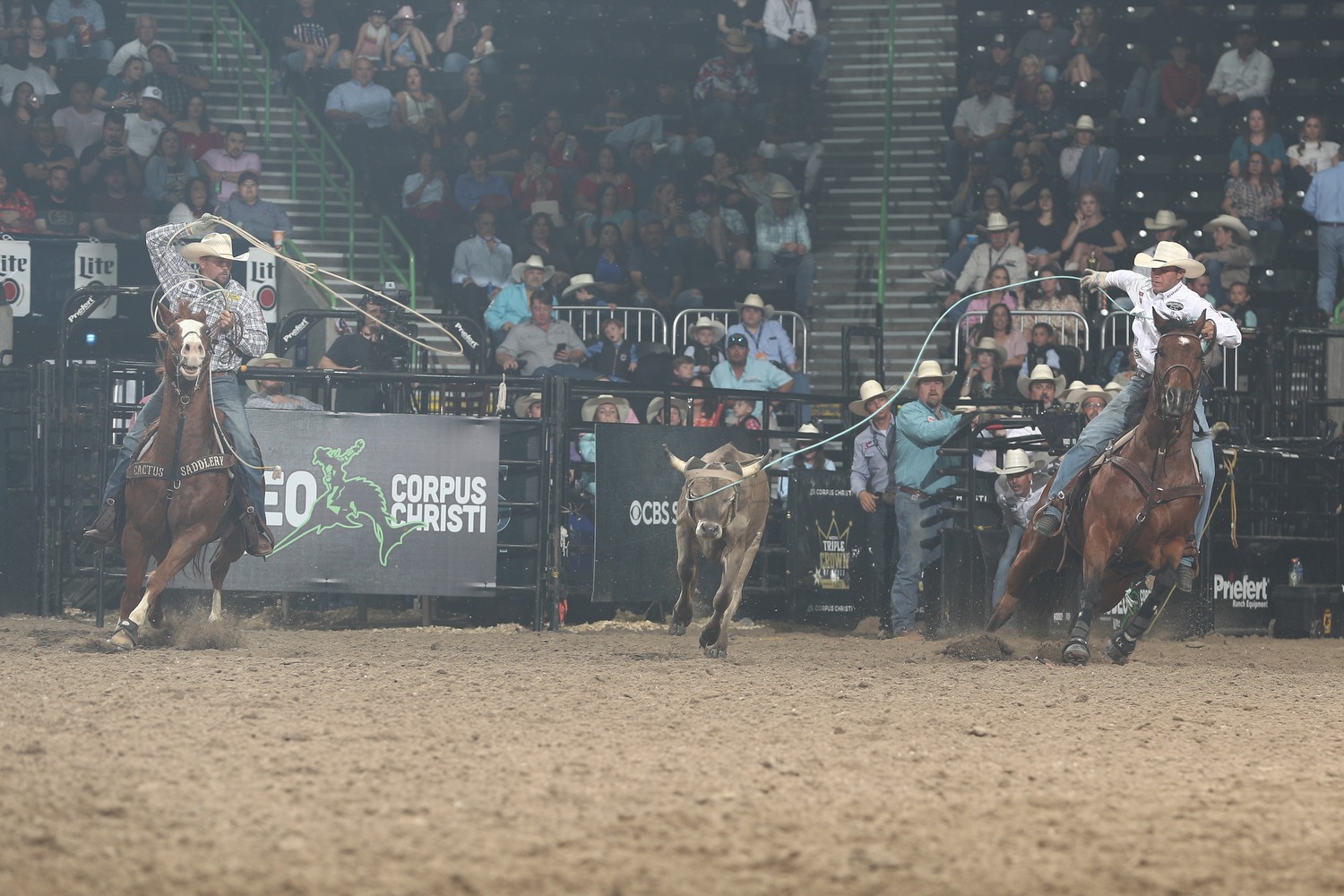 Clay Smith and Jake Long roping a steer at the 2023 WCRA Rodeo Corpus Christi.