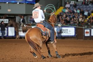 Kaden Profili heeling a steer for Cole Thomas to win the 2023 Resistol Rookie Roundup.