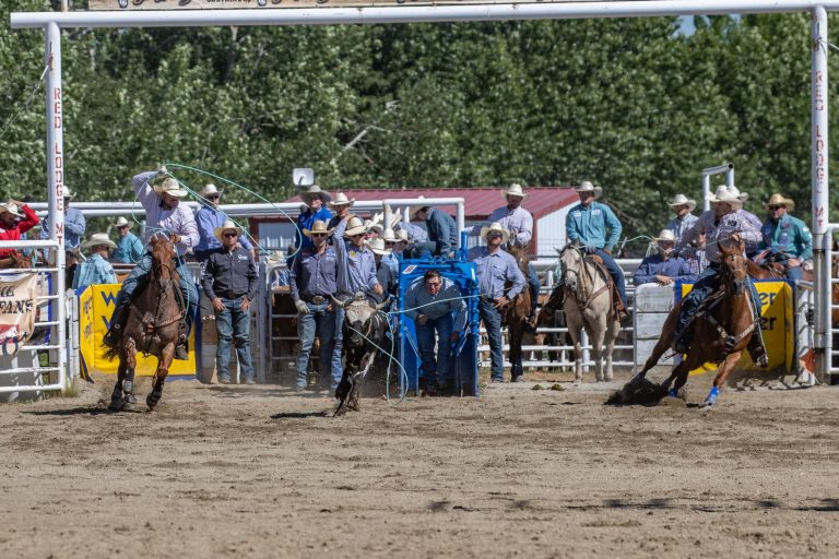 Jake Smith and Douglas Rich roping their steer in Red Lodge, Montana.