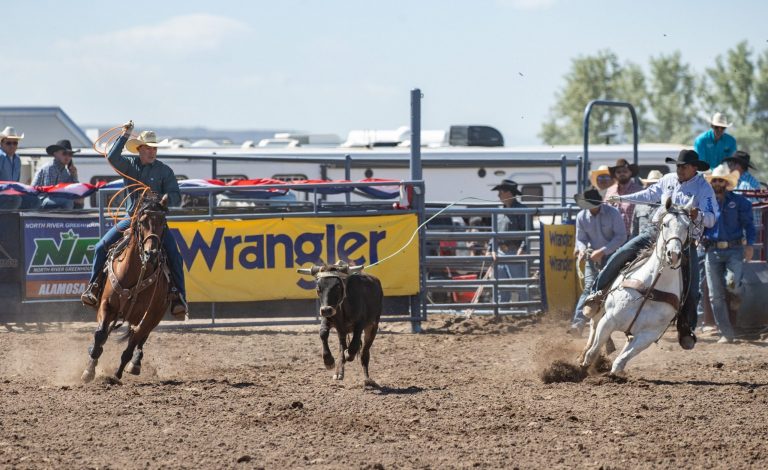 Pedro Egurrola roping a steer at the 2023 Alamosa Round-Up in Colorado.