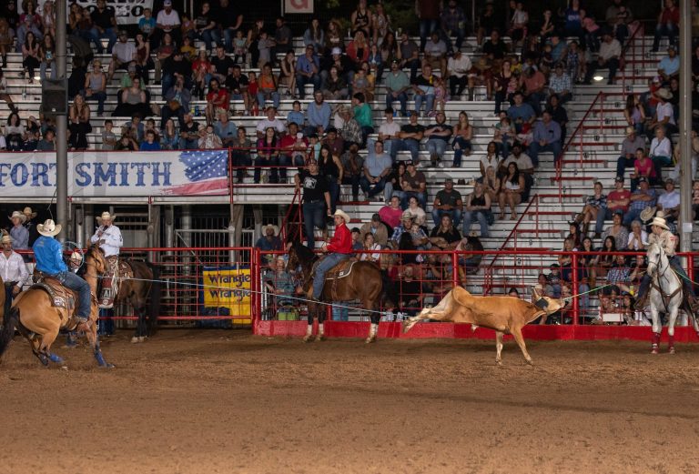 Tanner Tomlinson and Patrick Smith finishing their run at the 2023 Old Fort Days Rodeo in Fort Smith, Arkansas.