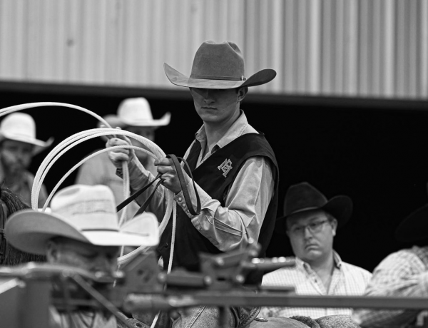 Cade Cowan from East Mississippi Community backing in the box at the Pearl River Community College Rodeo. Alayna Pearle Imagery