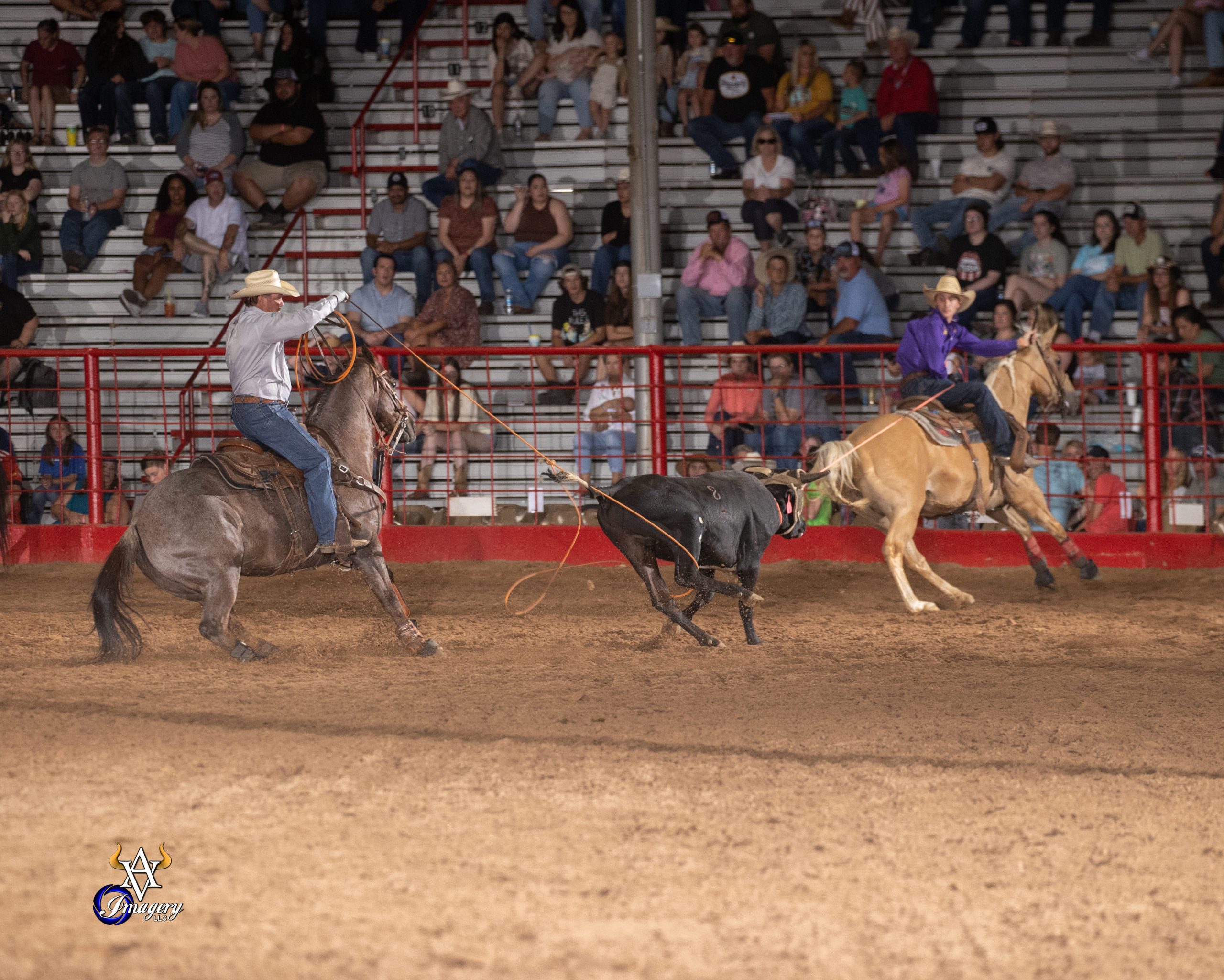 Rich Skelton heeling a steer for Kolby Krieger at the 2023 Old Fort Days Rodeo in Fort Smith, Arkansas.