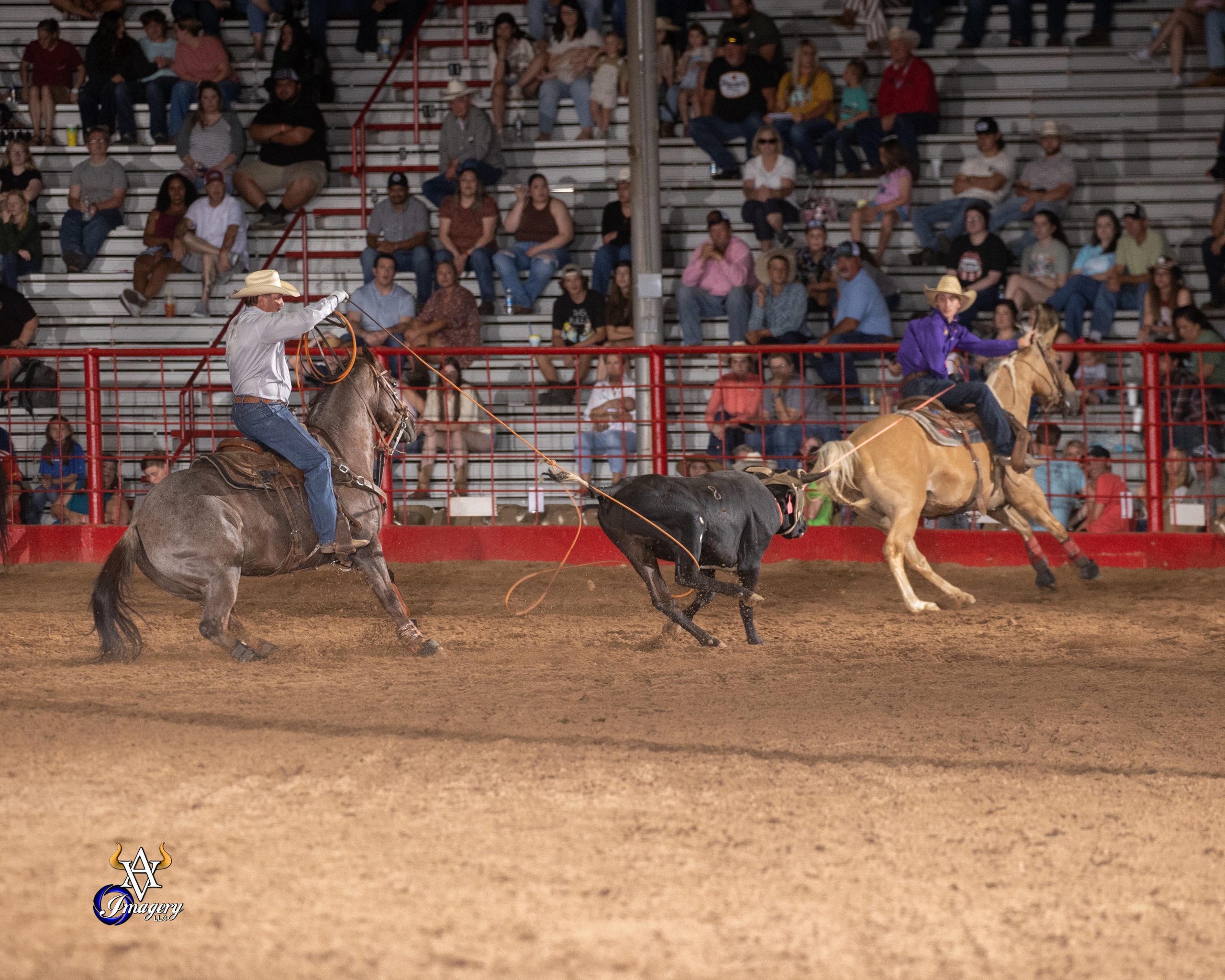 Rich Skelton heeling a steer for Kolby Krieger at the 2023 Old Fort Days Rodeo in Fort Smith, Arkansas.