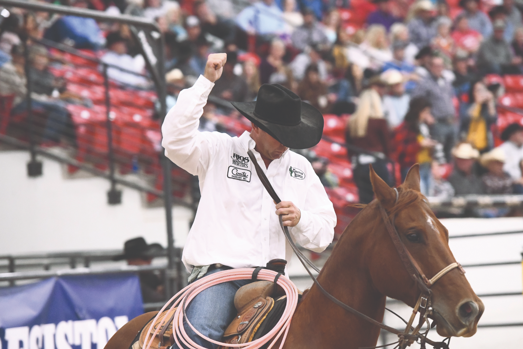 Nick Sartain pumps his fist in the Southpoint Arena in Las Vegas, Nevada.
