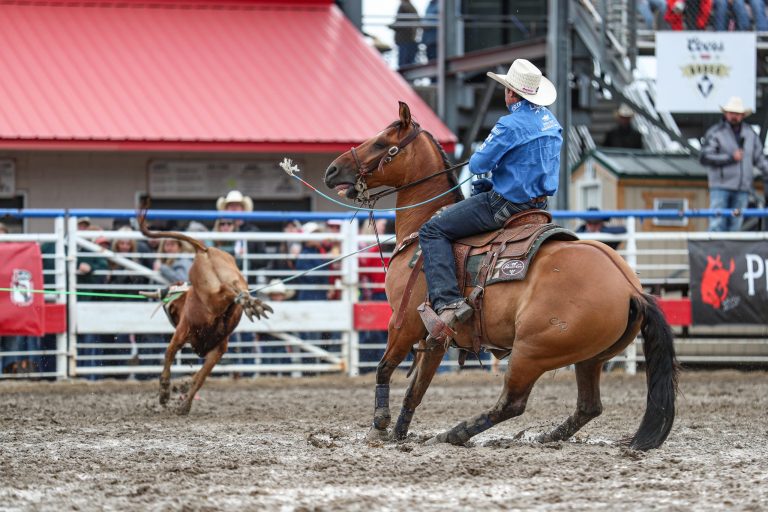 Patrick Smith heeling a steer to win the 2023 Cody Stampede.