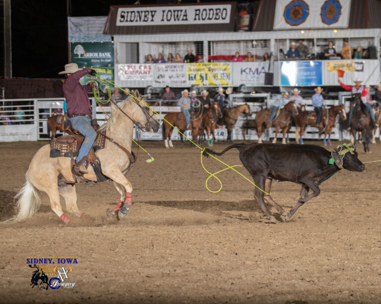Clay Clayman heeling a steer for Dalton Turner at Sidney, Iowa (2023).