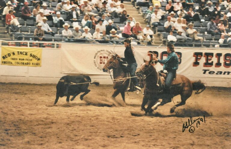 Brye and Kyon Sayer roping their steer to finish sixth at the 1991 BFI right before winning the National High School Finals Rodeo together