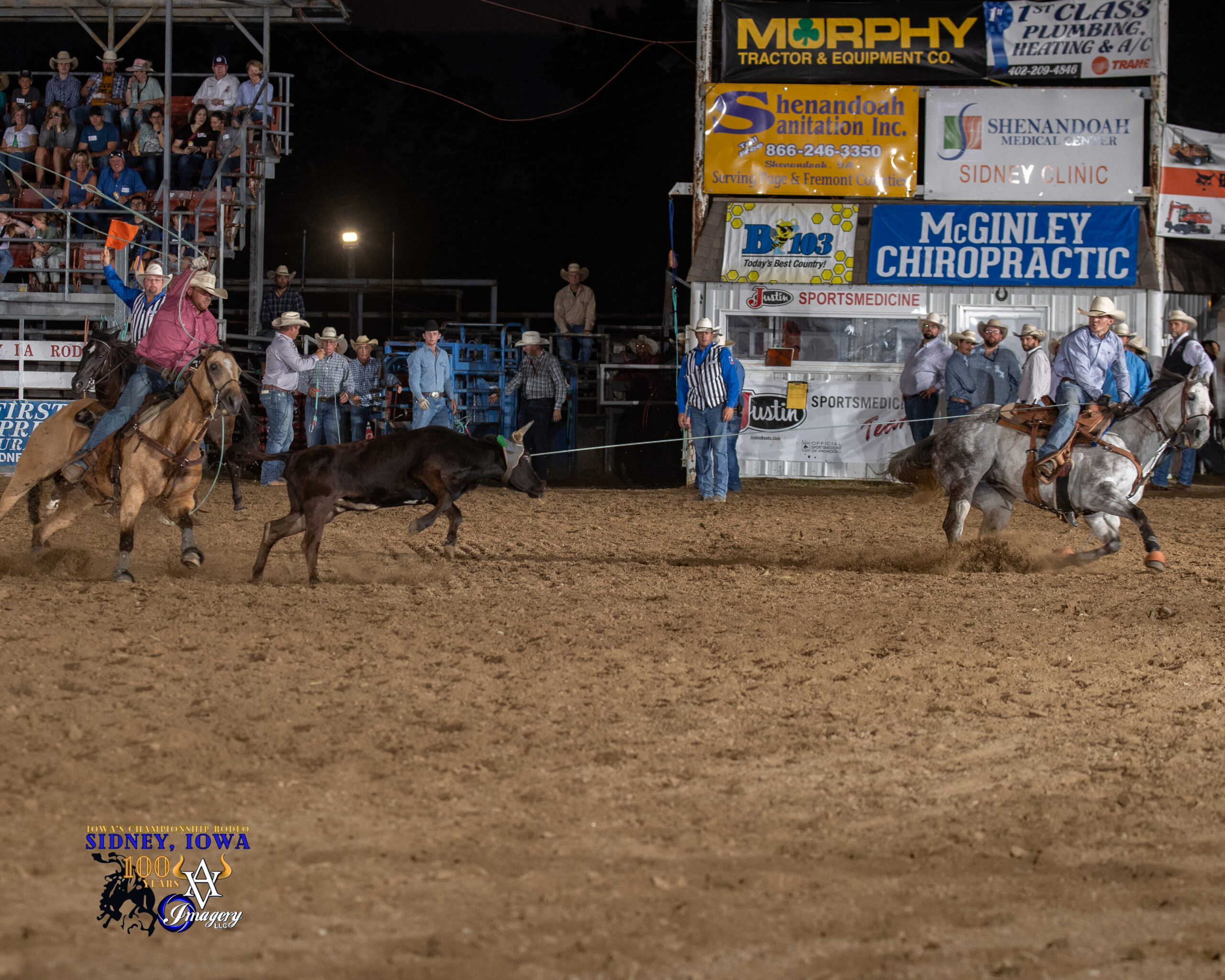 Cole Smith turning a steer for Reed Boos at the 2023 Iowa's Championship Rodeo in Sidney.