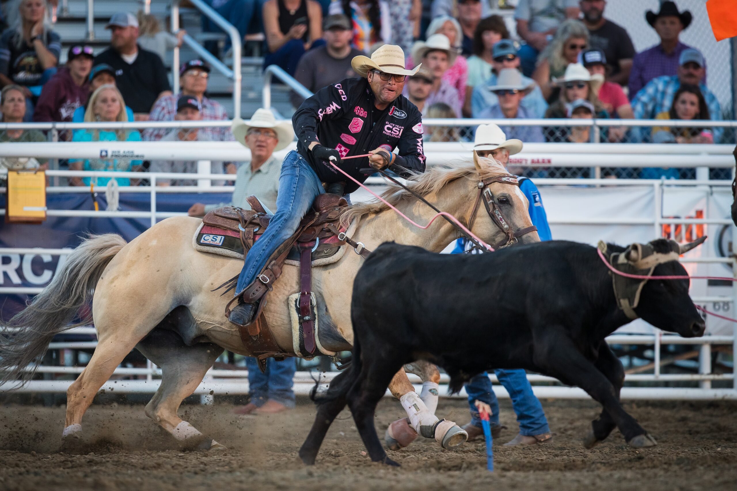 Coleman Proctor heading a steer in Baker, Montana, aboard "Admiral" to get the 2023 win.