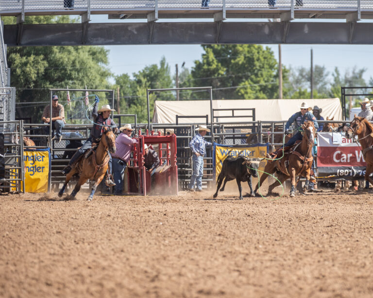 Tanner Tomlinson heading a steer for Patrick Smith to win the 2023 Ute Stampede in Nephi, Utah.