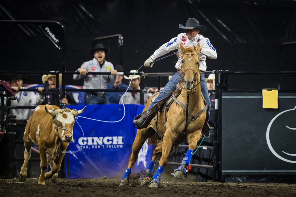 Clint Summers heading a steer to win second at the 2023 Governor's Cup in Sioux Falls.