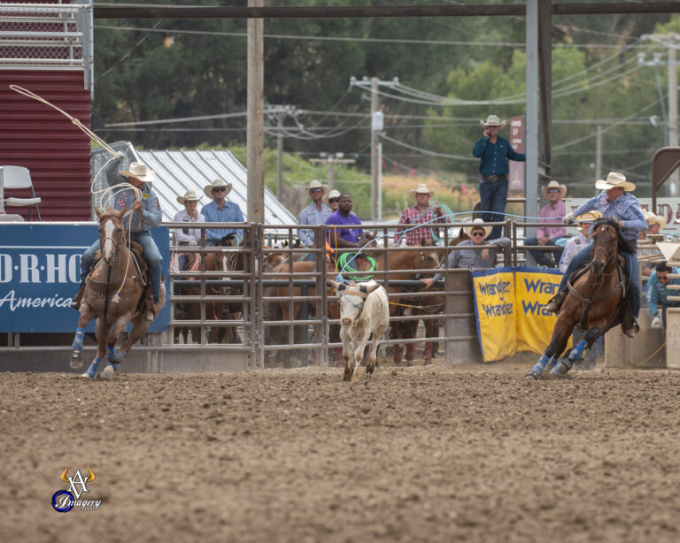 Clint Summers turning a steer for Jake Long in Spanish Fork, Utah.