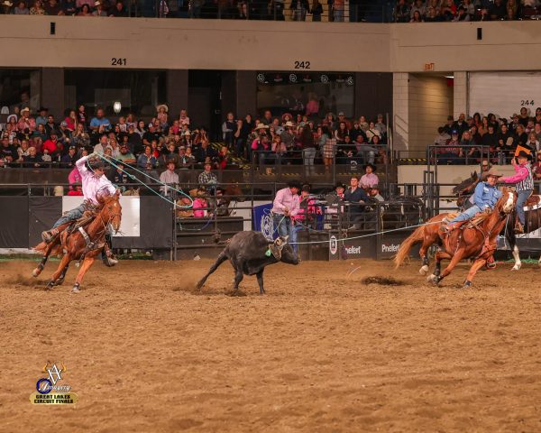 Cooper Bruce heading a steer for Wyatt Kanan at the 2023 Great Lakes Circuit Finals.