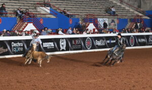 Jake Smith turning a steer for Douglas Rich at the 2023 Riata Buckle.