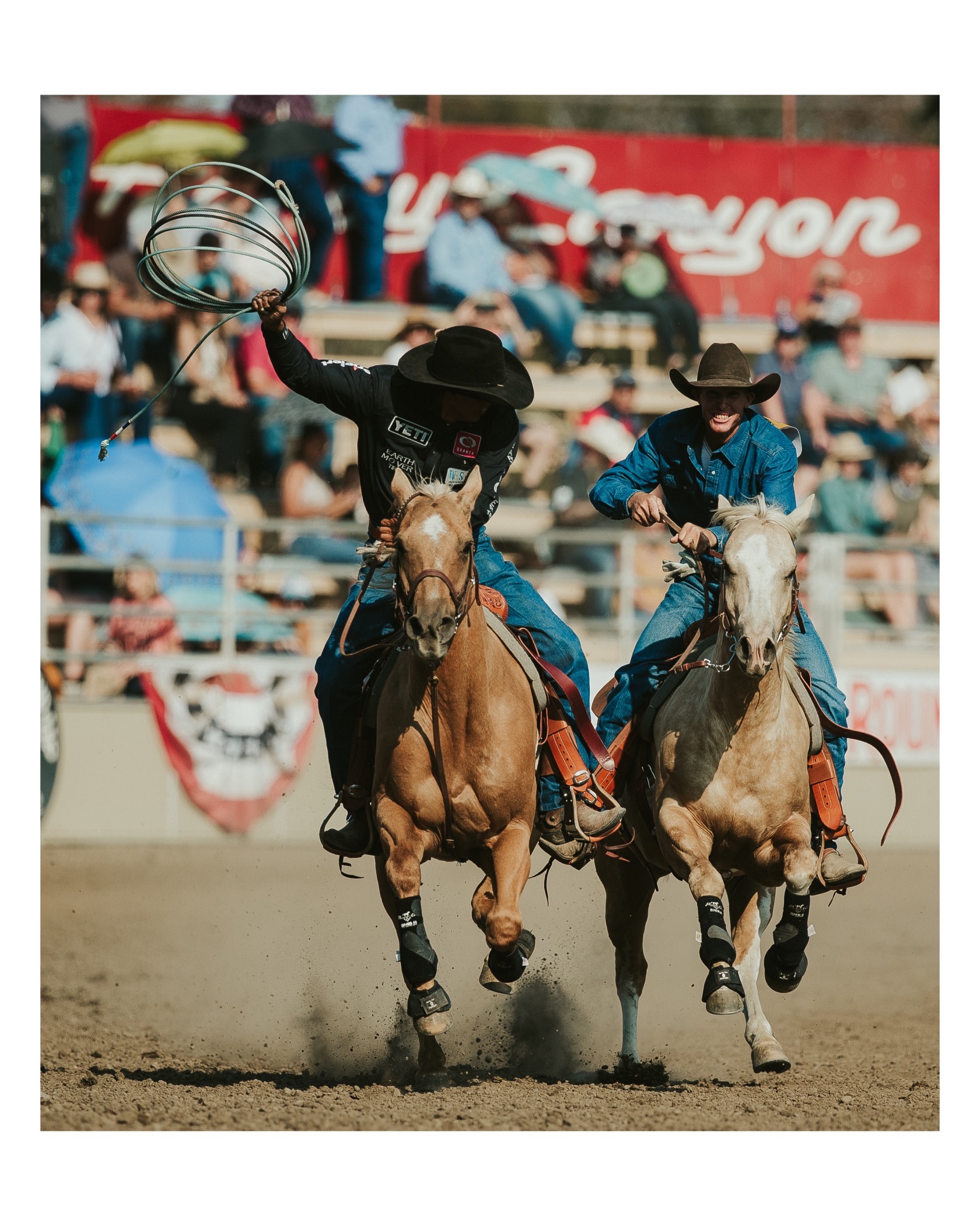 Derrick Begay and Colter Todd taking their victory lap after winning the 2023 Pendleton Round-Up.