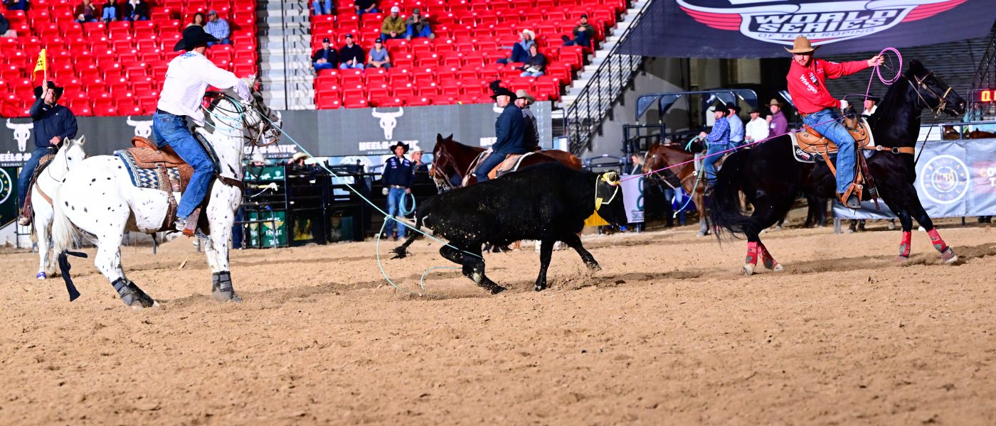 Bubba Buckaloo and Nicky Northcott roping their steer to win the 2023 Ariat World Series of Team Roping Riata Buckle Open Finale.