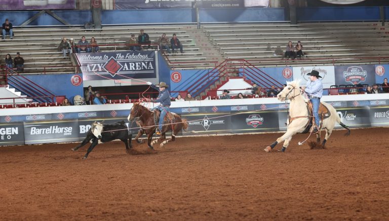 Jake Wells turning a steer for Bryer Hamilton at the 2024 WCRA Stampede at The E.