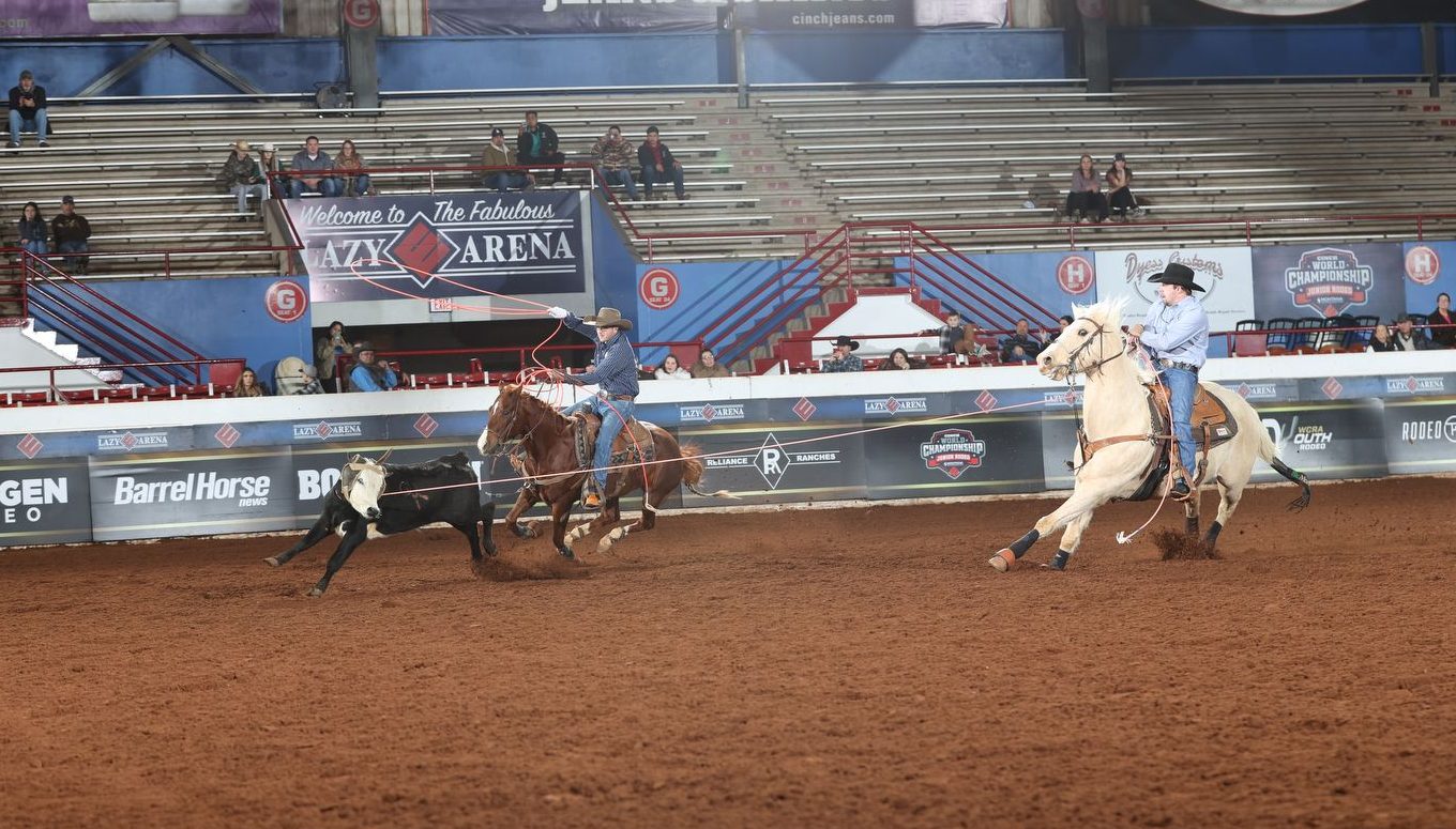 Jake Wells turning a steer for Bryer Hamilton at the 2024 WCRA Stampede at The E.